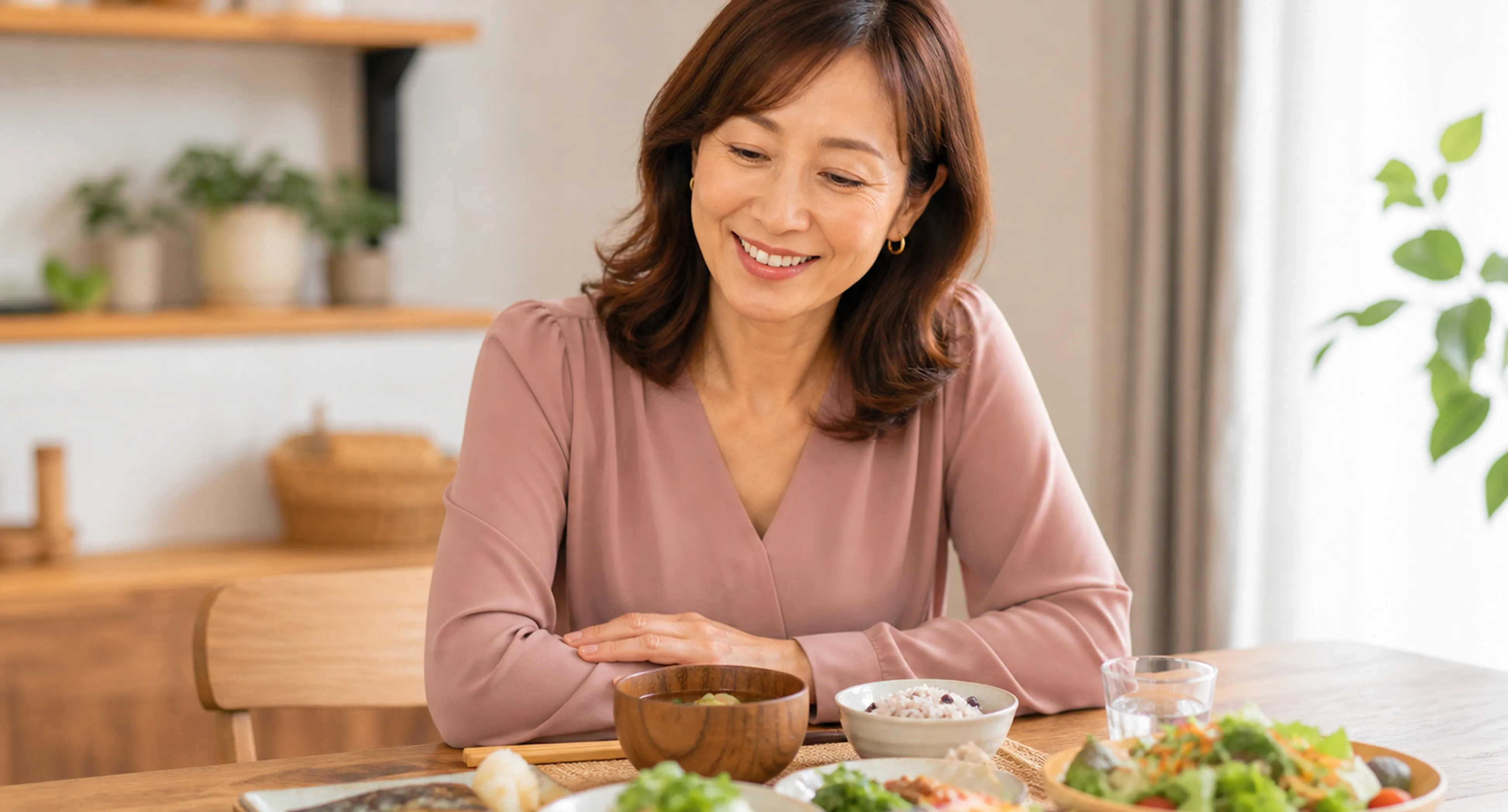 食卓に座り笑顔を見せる女性